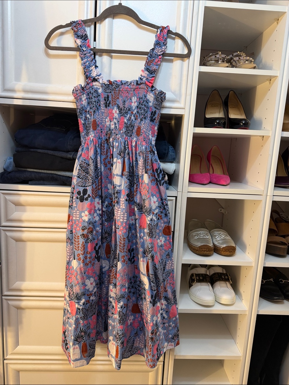 kate spade Blue Floral Smocked Sundress with Pink and Brown Accents
